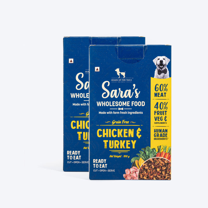 Sara's Wholesome Grain-Free Chicken and Turkey Dog Food, 300 g, made with 60% meat and 40% fruits and vegetables.