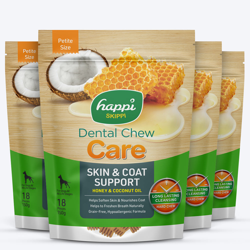 Happi Skippi Dental Chew Skin & Coat Support Honey & Coconut Oil Dog Treat - Petite 2.5 inch - 150 gm - Heads Up For Tails
