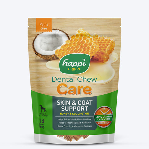 Happi Skippi Dental Chew Skin & Coat Support Honey & Coconut Oil Dog Treat - Petite 2.5 inch - 150 gm - Heads Up For Tails