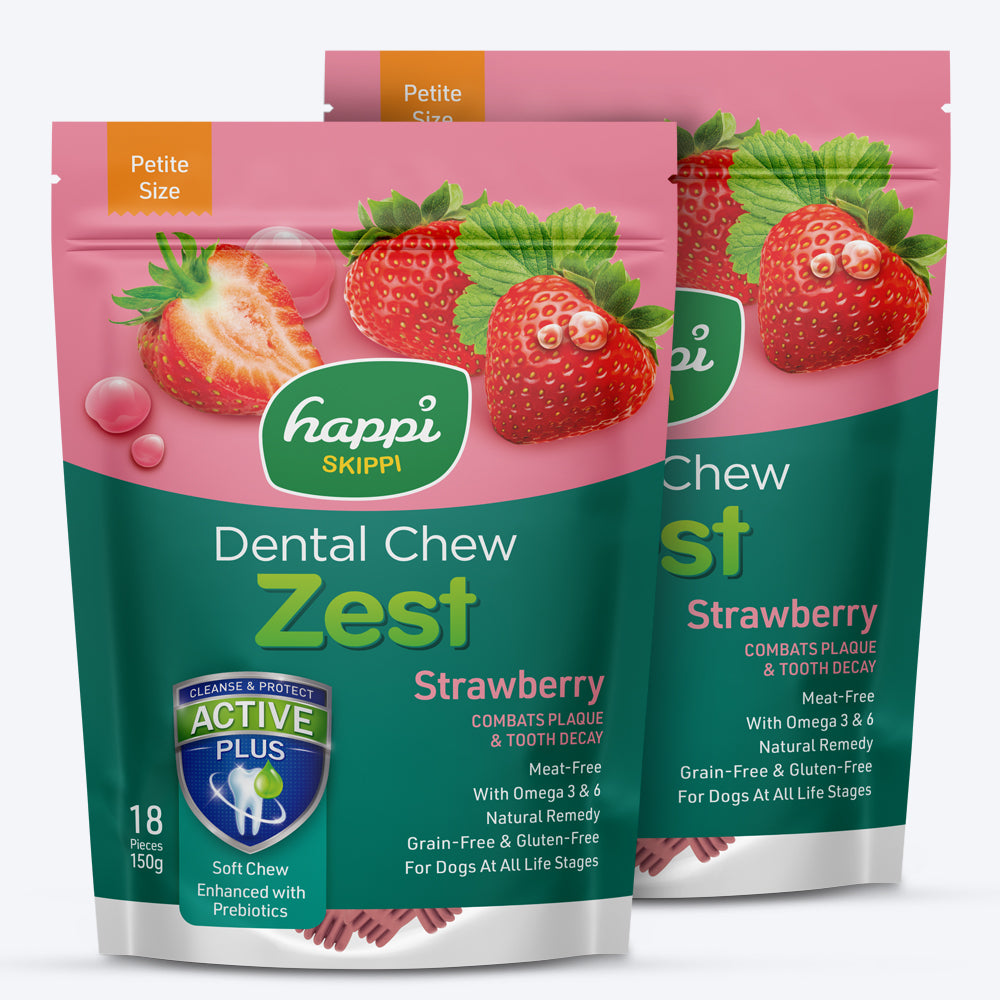 Happi Skippi Dental Chew Zest Strawberry Dog Treat - Petite 2.5 inch - 150 gm - Heads Up For Tails