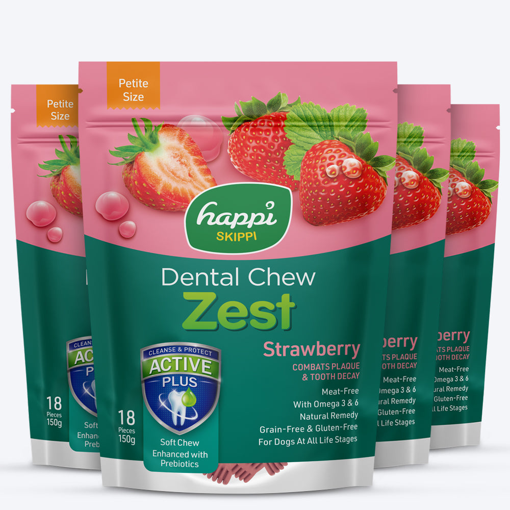 Happi Skippi Dental Chew Zest Strawberry Dog Treat - Petite 2.5 inch - 150 gm - Heads Up For Tails