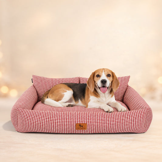 HUFT Cherry Houndstooth Lounger Bed For Dog - Maroon & Ivory