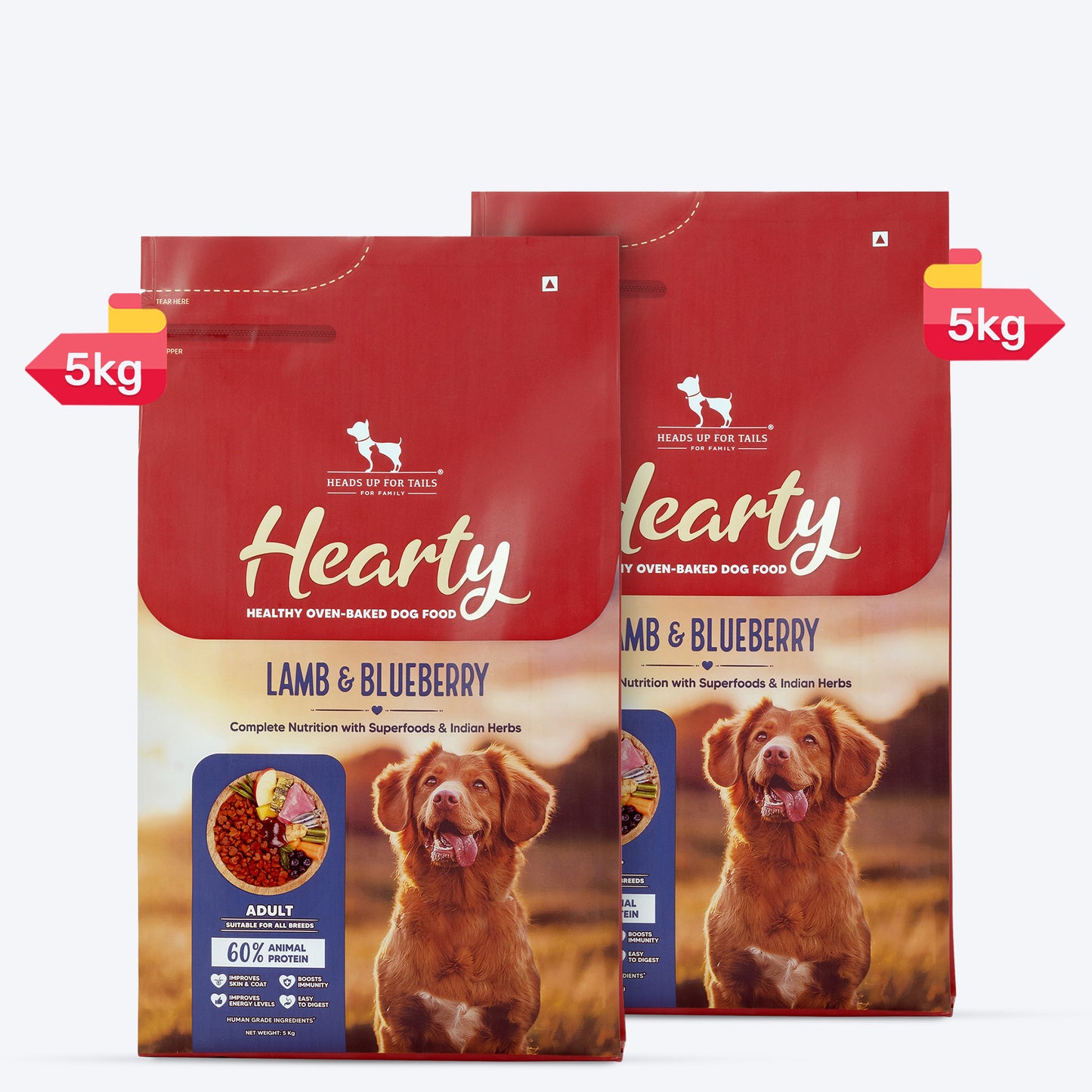 Hearty Lamb & Blueberry Oven-Baked Adult Dog Food by Heads Up for Tails, suitable for all breeds, 60% animal protein.