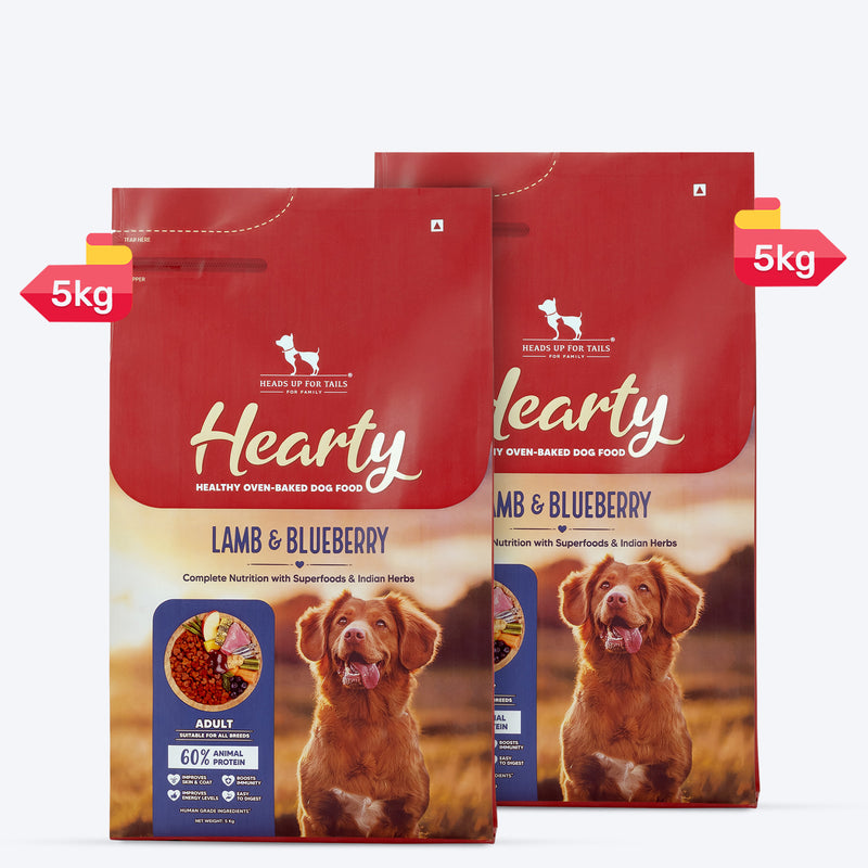 Hearty Lamb & Blueberry Oven-Baked Adult Dog Food by Heads Up for Tails, suitable for all breeds, 60% animal protein.