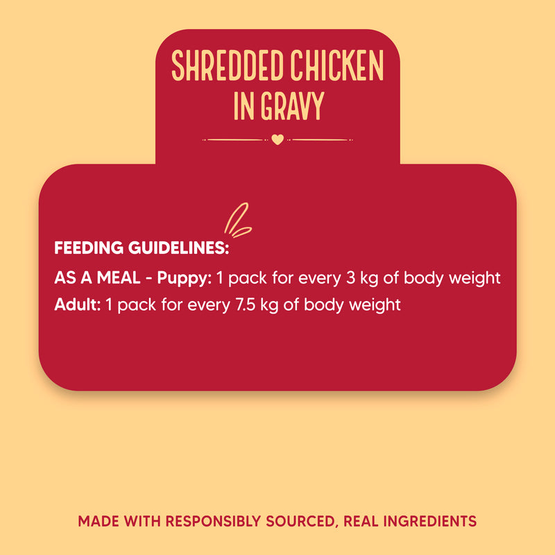 Hearty Shredded Chicken & Pumpkin in Gravy dog wet food by Heads Up for Tails, 70 g pouch. Suitable for all breeds.