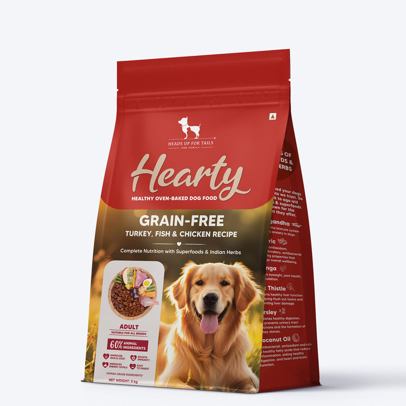 Hearty Turkey, Fish & Chicken Grain-Free Oven-Baked Dog Food, 2 kg, suitable for all breeds, by Heads Up for Tails.