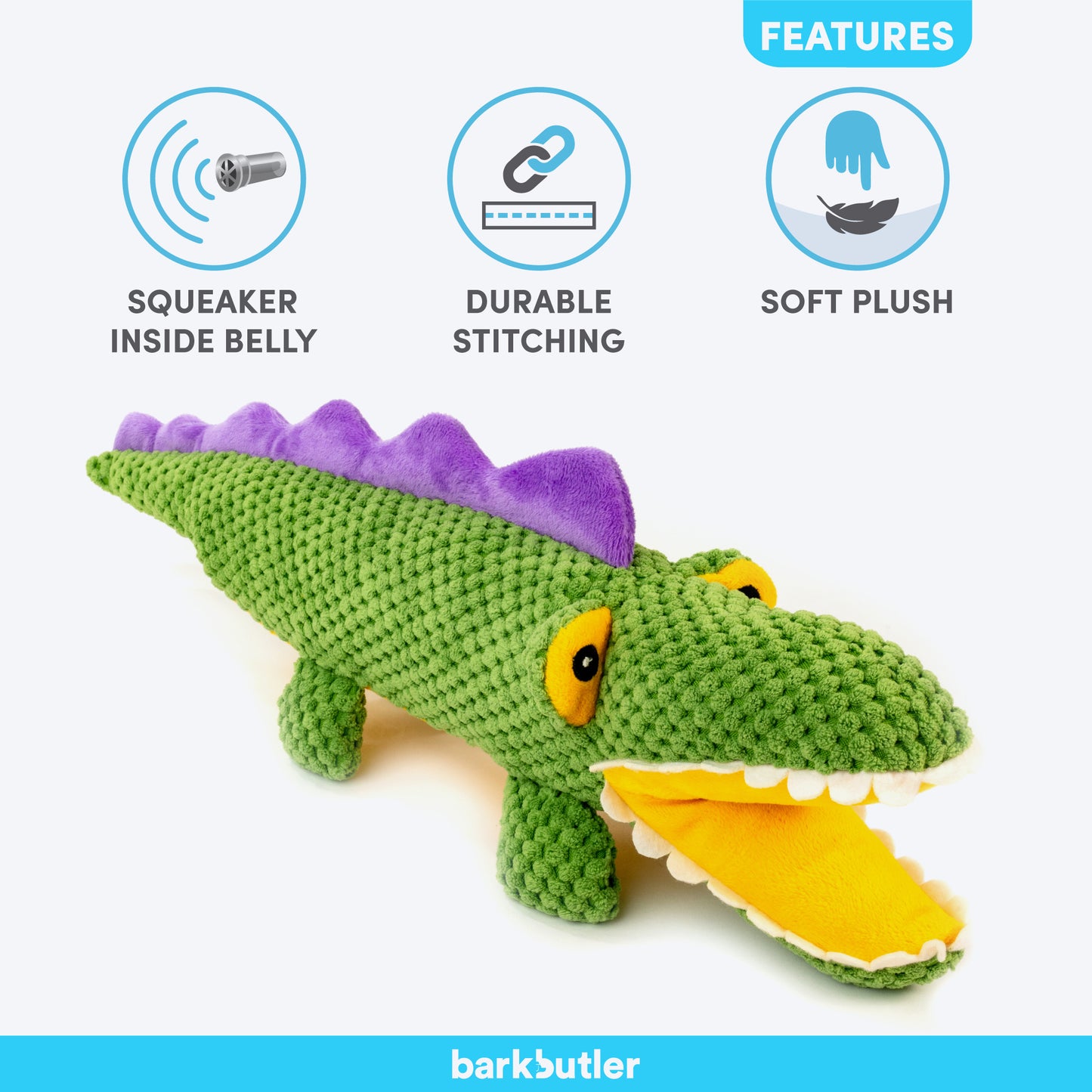 Barkbutler Aly The Gator Squeaky Plush Toy For Dog - Green - Heads Up For Tails