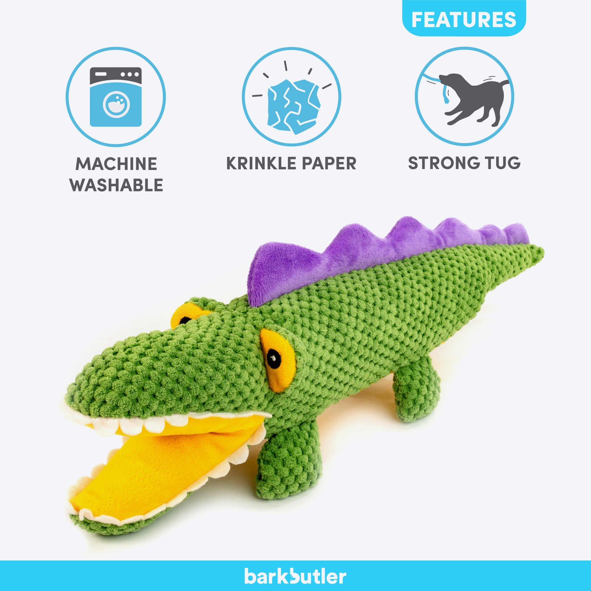 Barkbutler Aly The Gator Squeaky Plush Toy For Dog - Green - Heads Up For Tails