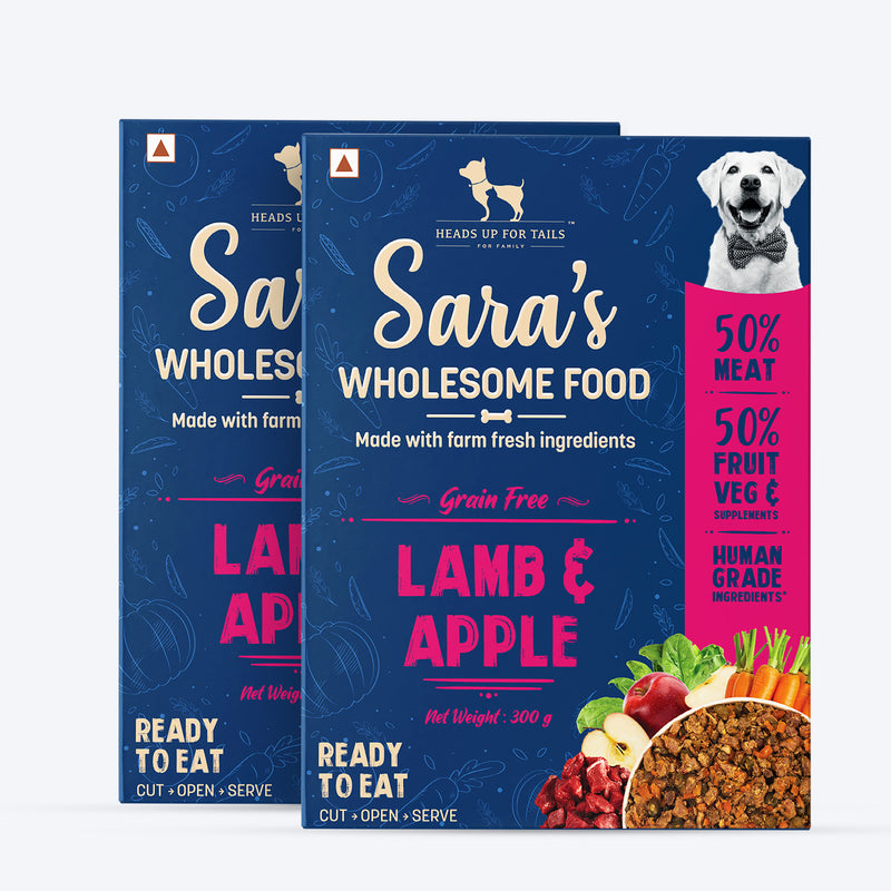 Sara's Wholesome Grain-Free Lamb and Apple Dog Food, 300 g, made with 50% meat and 50% fruit and vegetables.