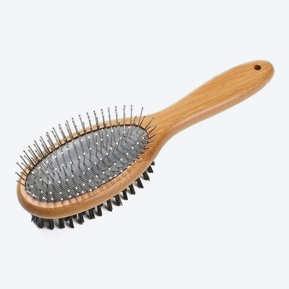 M-Pets Bamboo Double-Sided Pin Pets Brush - Brown - Heads Up For Tails