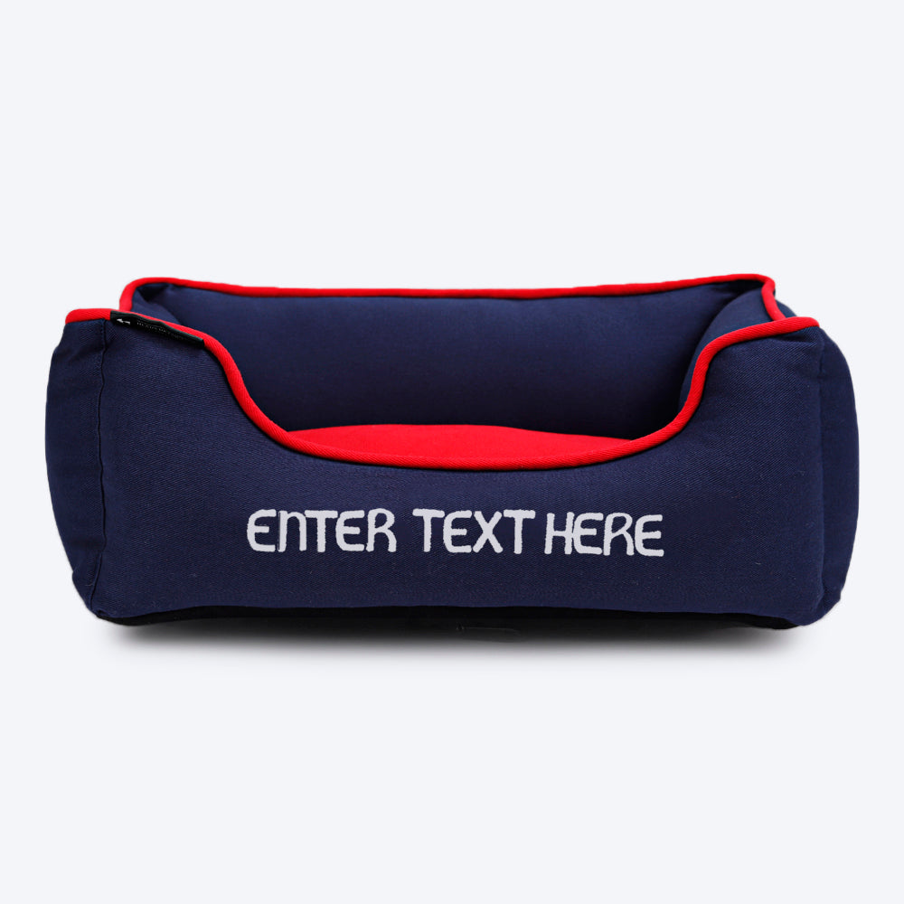 HUFT Personalised Classic Lounger Dog Bed (Free Bone Cushion) - Navy With Red - Heads Up For Tails