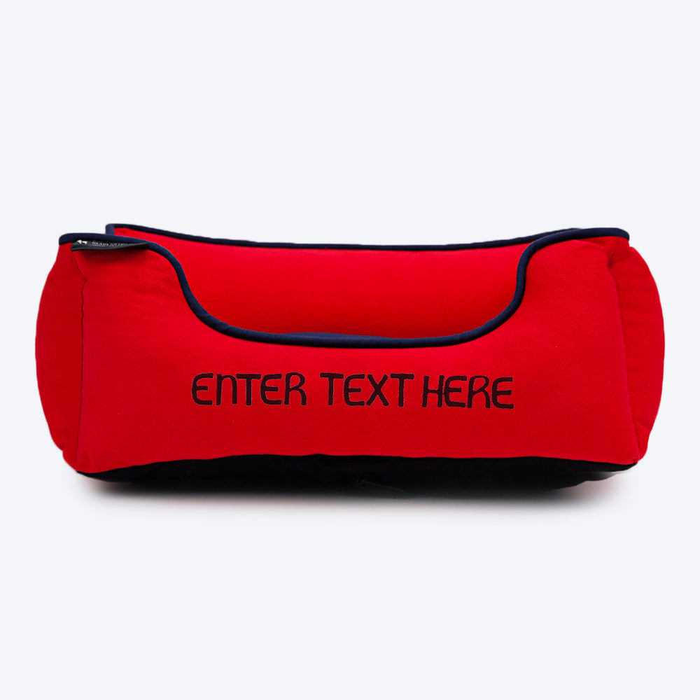 HUFT Personalised Classic Lounger Dog Bed (Free Bone Cushion) - Red With Navy - Heads Up For Tails