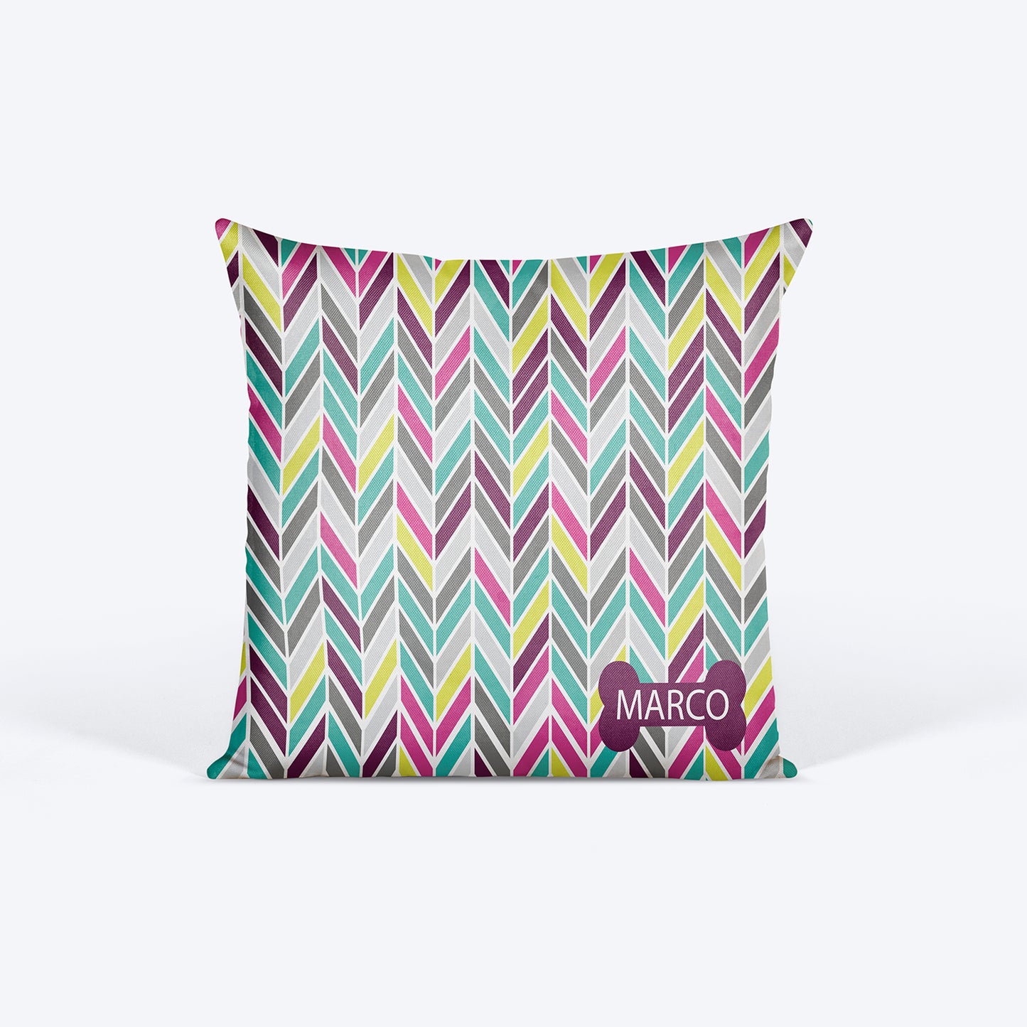 HUFT Multi Coloured Chevron with Bone Personalised Cushion - 12 inches (30 x 30 cm) - Heads Up For Tails