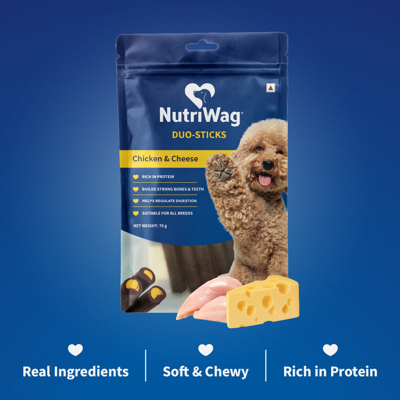 NutriWag Chicken & Cheese Duo Sticks Treats For Dog - 70 gm - Heads Up For Tails