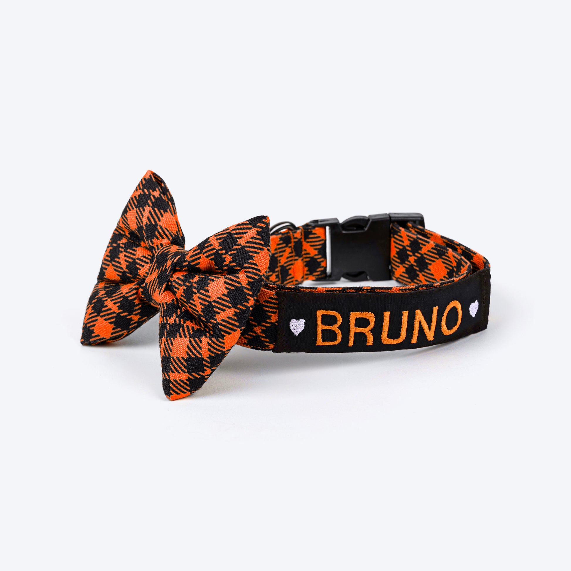 HUFT Personalised Tartan Fabric Collar With Bow Tie For Dogs - Orange - Heads Up For Tails