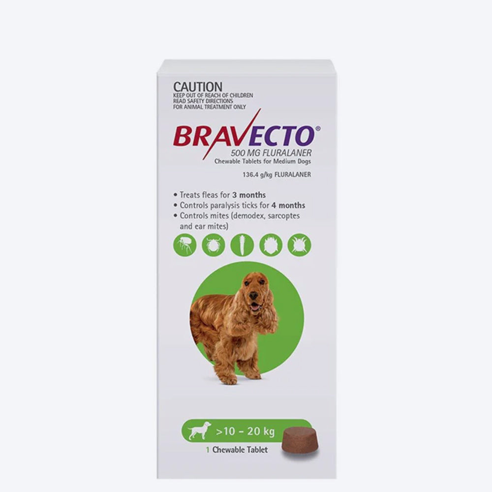 Bravecto Chewable 500 mg Tablet For Dog - 10-20 kg - Heads Up For Tails