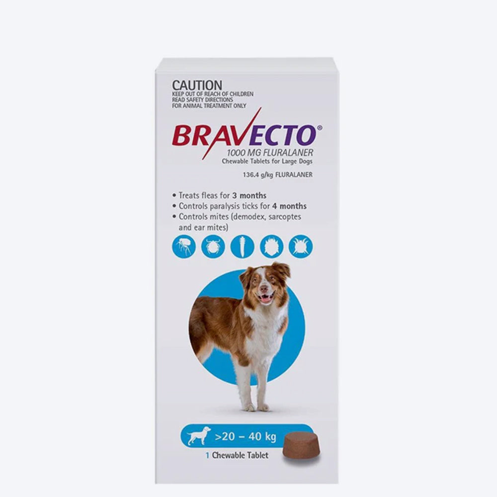 Bravecto Chewable 1000 mg Tablet For Dog - 20-40 kg - Heads Up For Tails