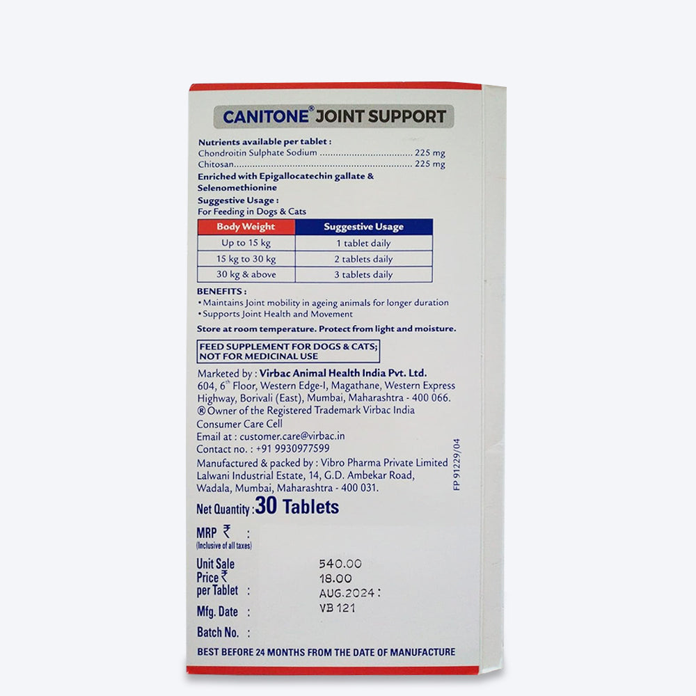 Virbac Canitone Joint Support Tablets For Dogs - 30 Tablets - Heads Up For Tails