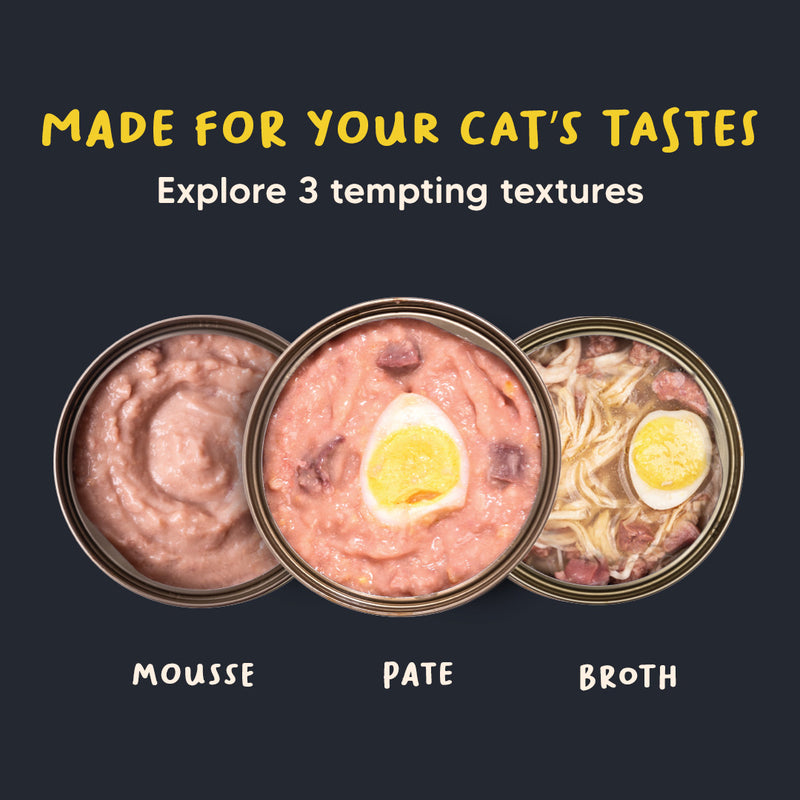 Meowsi by HUFT Chicken Breast with Quail Egg pâté, 80 gm can, grain-free, with vitamins and minerals for cats.