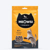 Meowsi by HUFT Chicken & Fish Power Bites, 50 gm, high-protein cat treats in a yellow packaging with a playful cat graphic.