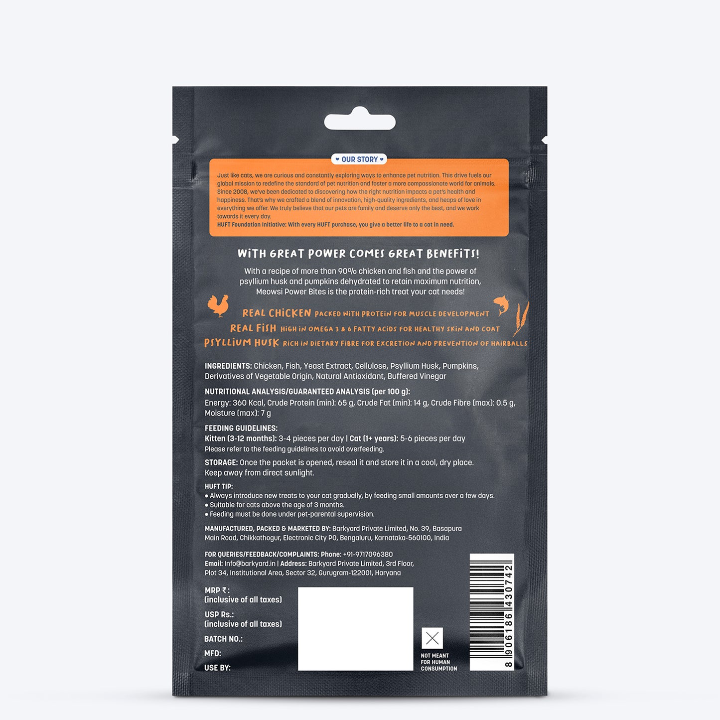 Meowsi by HUFT Chicken, Fish & Psyllium Husk Power Bites Cat Treats - 50 gm - Heads Up For Tails