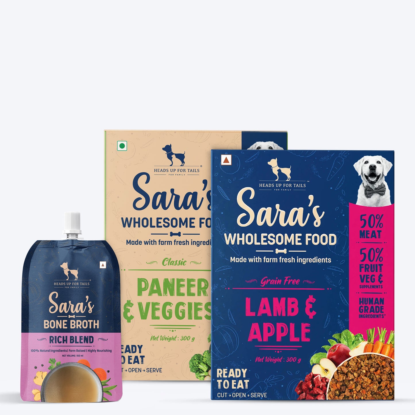 Sara's Wholesome Classic Paneer Veggies, Lamb & Apple With Rich Blend Bone Broth Combo - Pack Of 3 - Heads Up For Tails