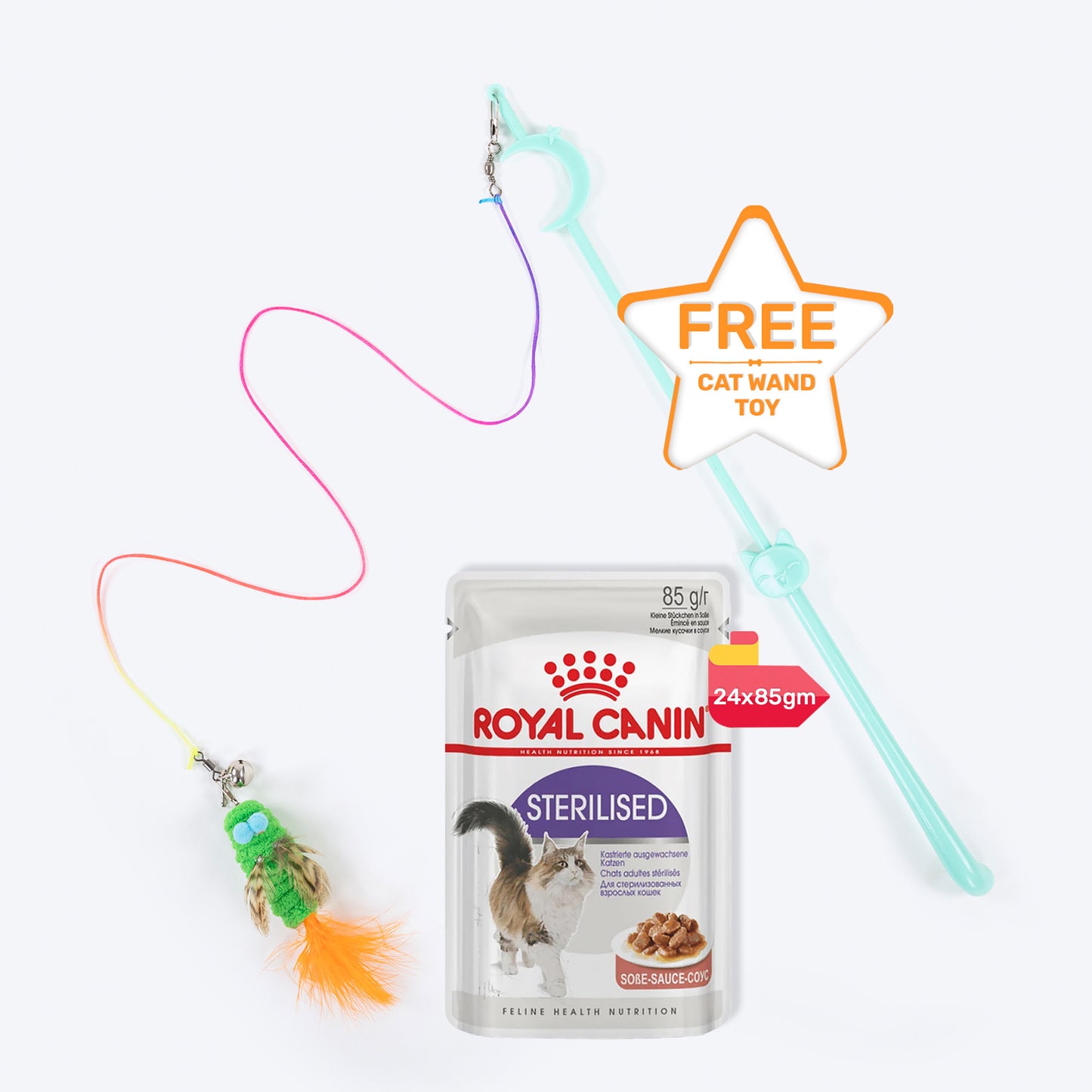 Royal Canin Sterilised Cat Wet Food & Whisker Wand Toy Combo - (24 x 85 gm) - Heads Up For Tails