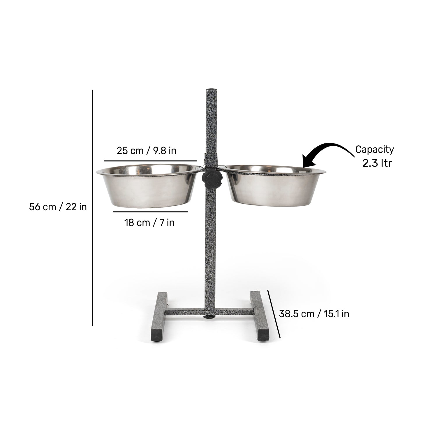 SUPER H Shaped Double Diner Stand With Steel Dog Bowl Inserts - Charcoal Black (Medium) - Heads Up For Tails