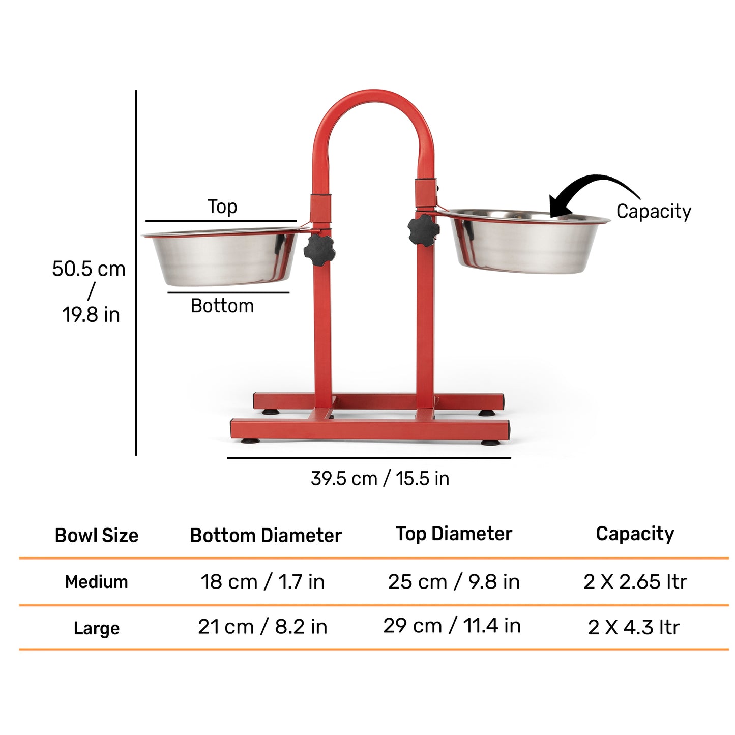 SUPER Premium Range U Shaped Double Diner Stand With Steel Dog Bowl Inserts - Red - Heads Up For Tails