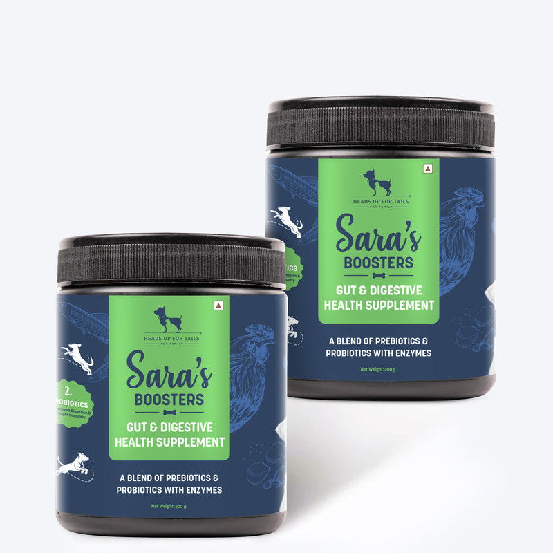 Sara's Boosters Gut & Digestive Health Supplement for Dogs, 200 gm, a blend of prebiotics and probiotics with enzymes.