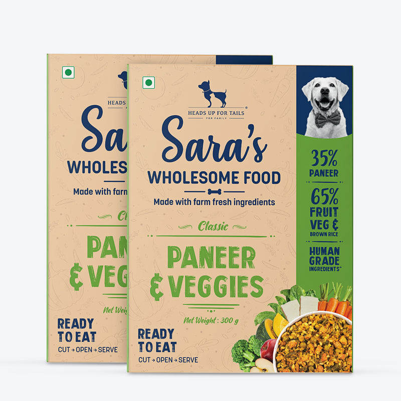 Sara's Wholesome Classic Paneer & Veggies Dog Food, 300 gm, features 35% paneer and 65% fruits, veggies, and brown rice.