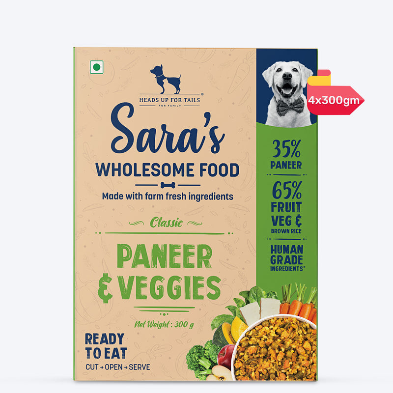 Sara's Wholesome Classic Paneer & Veggies Dog Food, 300 gm, features 35% paneer and 65% fruits, veggies, and brown rice.