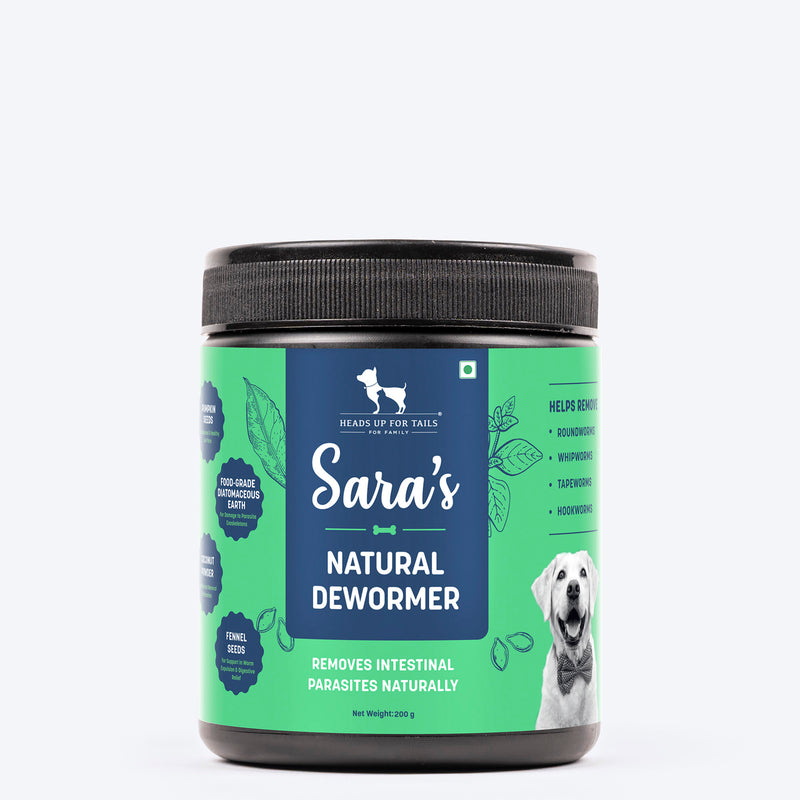 Sara's Natural Dewormer Supplement for Dogs, 200 gm, helps remove intestinal parasites naturally.