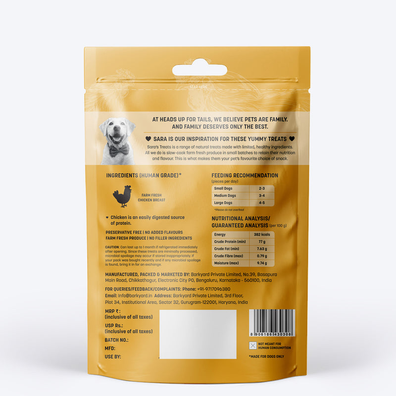 Sara's Doggie Treats Chicken Jerky, 70 g, made from 100% fresh chicken, grain-free, high protein, low fat.