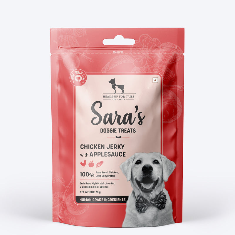 Sara's Doggie Treats Chicken Jerky with Applesauce, 70 g, featuring a dog on the packaging and natural ingredients.