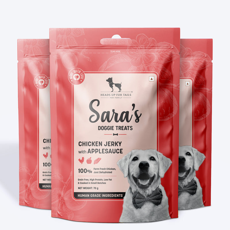 Sara's Doggie Treats Chicken Jerky with Applesauce, 70 g, featuring a dog on the packaging and natural ingredients.