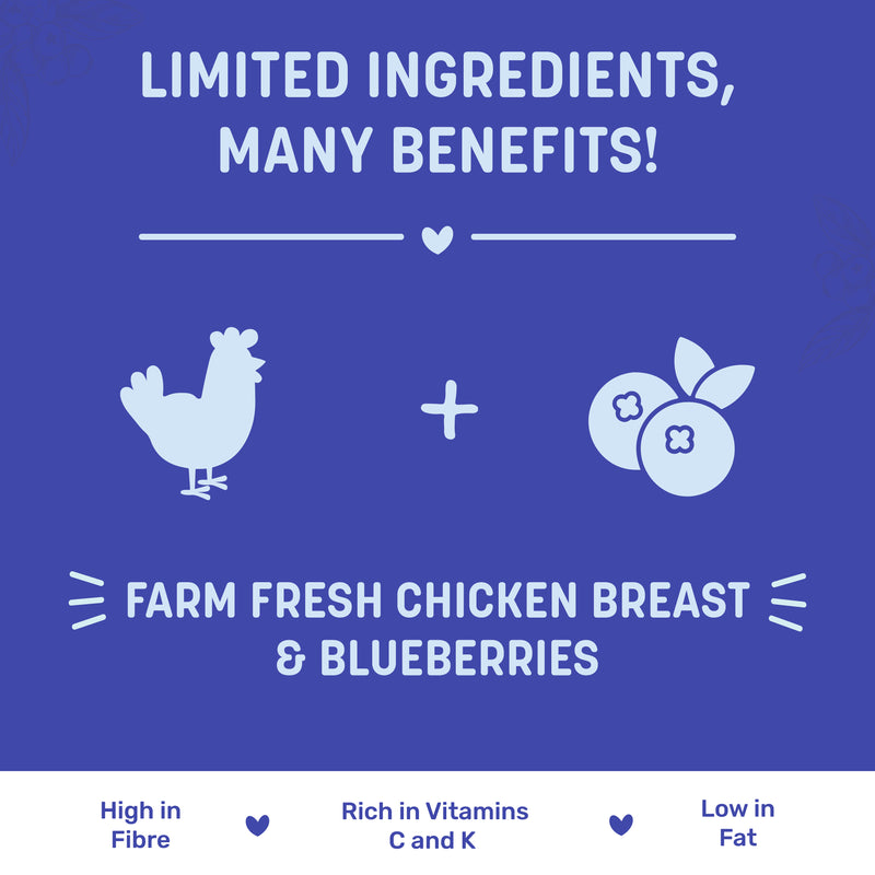 Sara's Doggie Treats Chicken Jerky with Blueberry, 70 gm, high protein, low fat, made with natural ingredients.