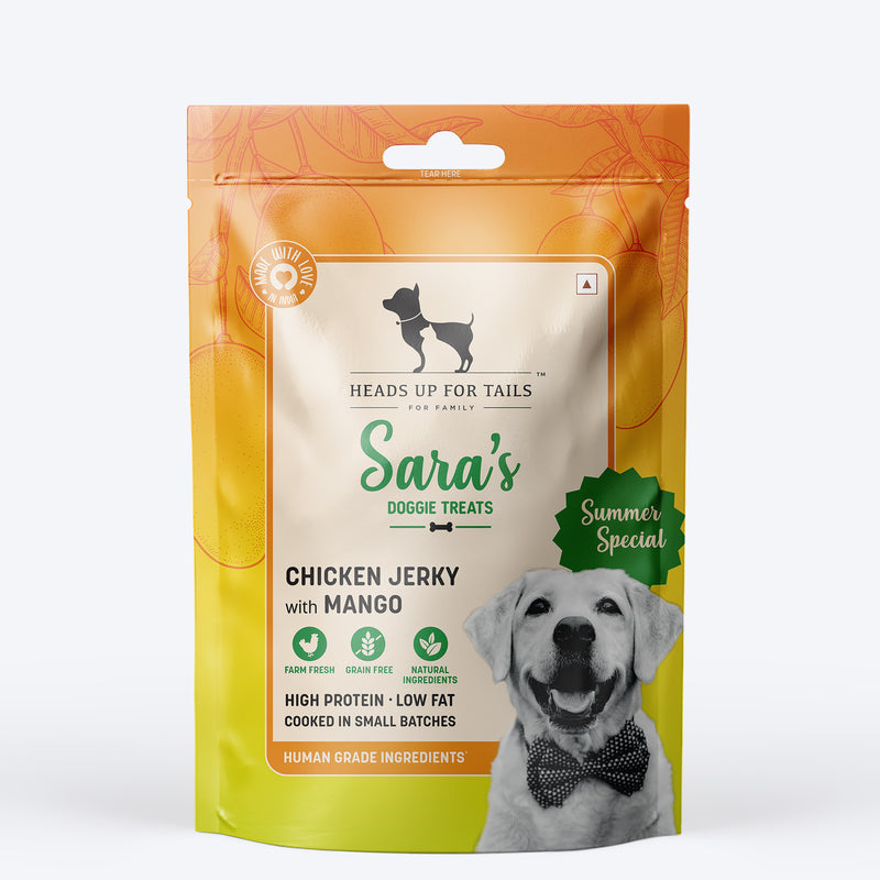 Sara's Doggie Treats Mango Chicken Jerky, 70 g, features high-protein, grain-free treats with natural ingredients.
