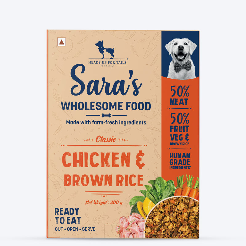 Sara's Wholesome Classic Chicken and Brown Rice Dog Food, 300g, made with 50% meat and 50% fruits and vegetables.