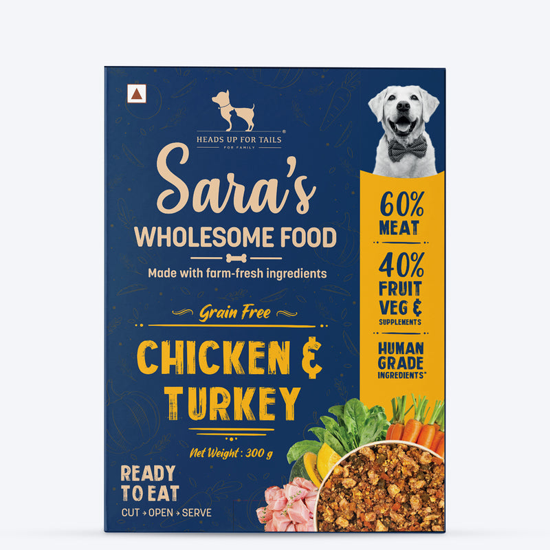 Sara's Wholesome Grain-Free Chicken and Turkey Dog Food, 300 g, made with 60% meat and 40% fruits and vegetables.