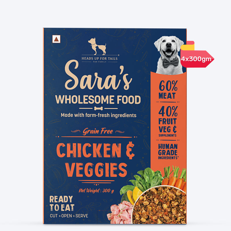 Sara's Wholesome Grain-Free Chicken & Veggies Dog Food, 300 gm, made with 60% meat and 40% fruits and veggies.
