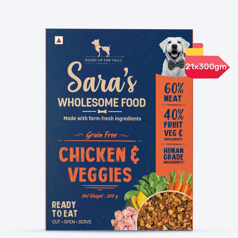 Sara's Wholesome Grain-Free Chicken & Veggies Dog Food, 300 gm, made with 60% meat and 40% fruits and veggies.