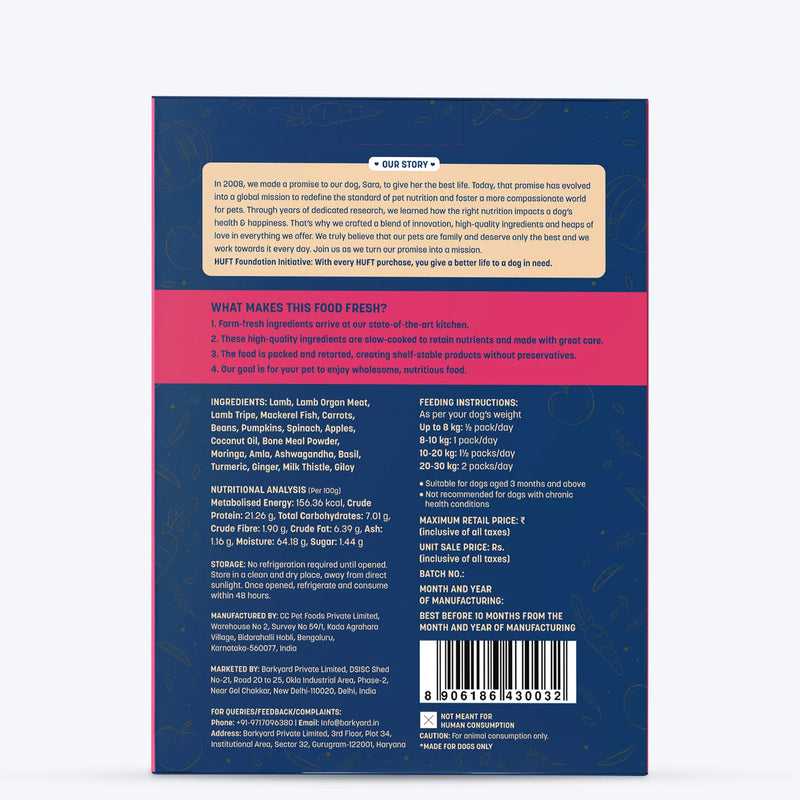 Sara's Wholesome Grain-Free Lamb and Apple Dog Food, 300 g, made with 50% meat and 50% fruit and vegetables.