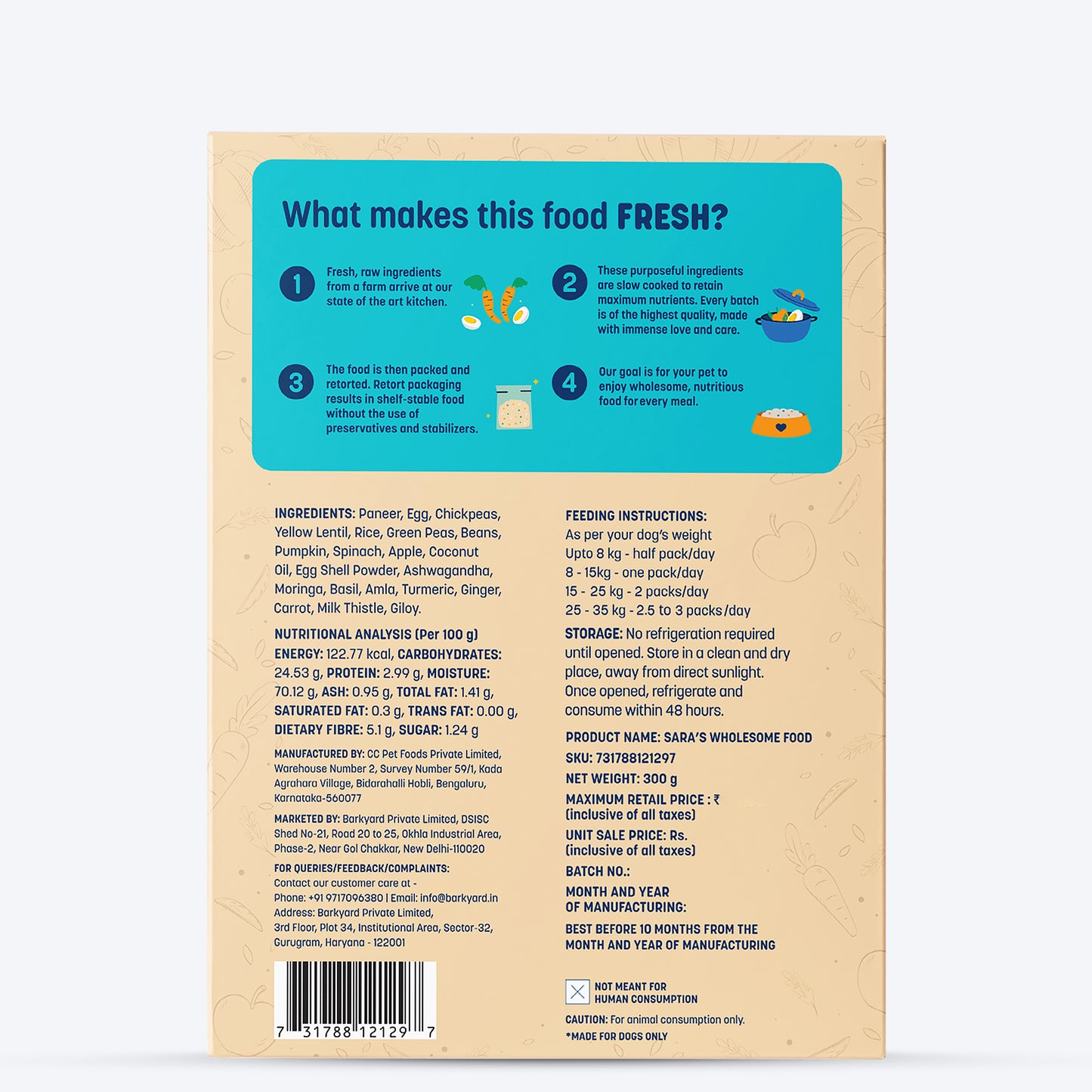 Sara's Wholesome Classic Paneer And Eggs Dog Food - 300 gm - Heads Up For Tails