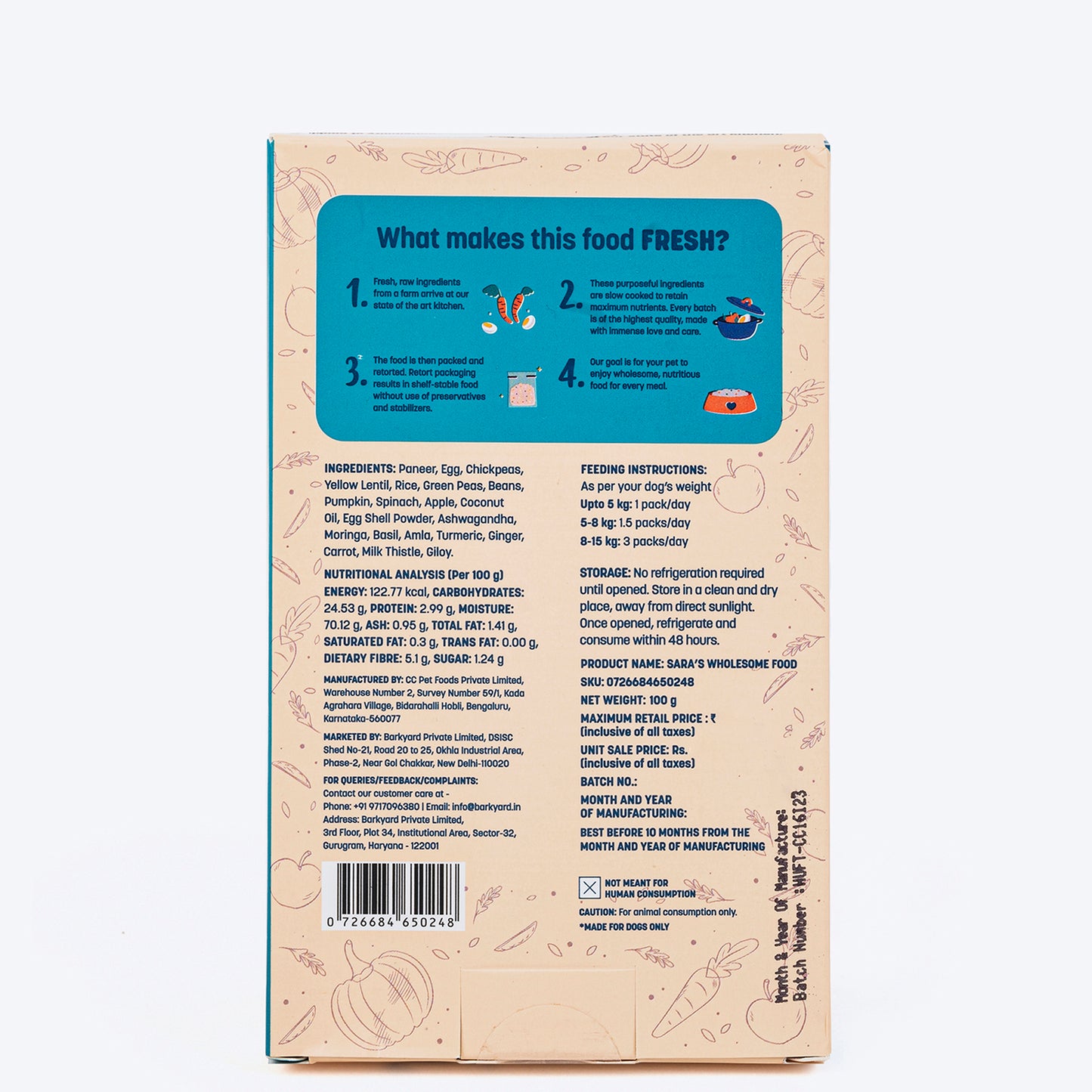 Sara's Wholesome Classic Paneer And Eggs Dog Food - 300 gm - Heads Up For Tails
