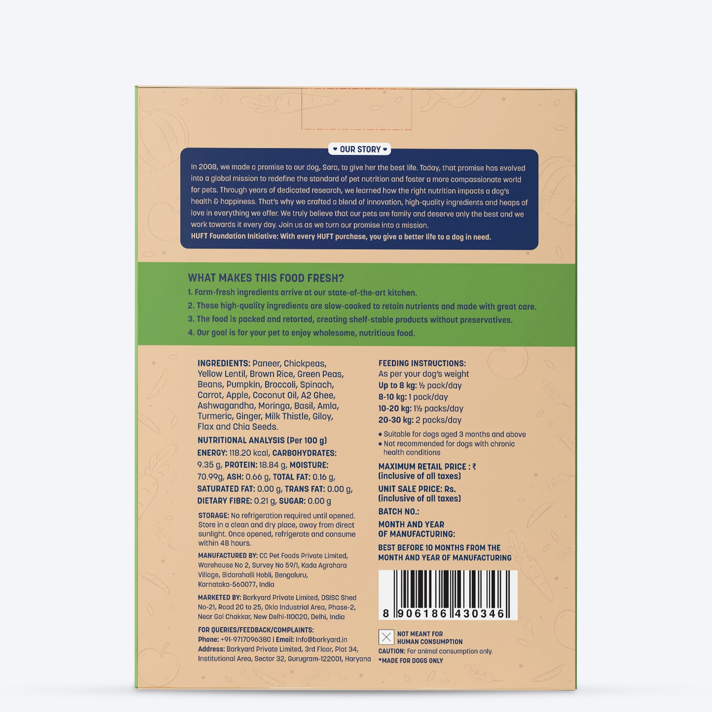 Sara's Wholesome Classic Paneer & Veggies Dog Food - 300 gm - Heads Up For Tails