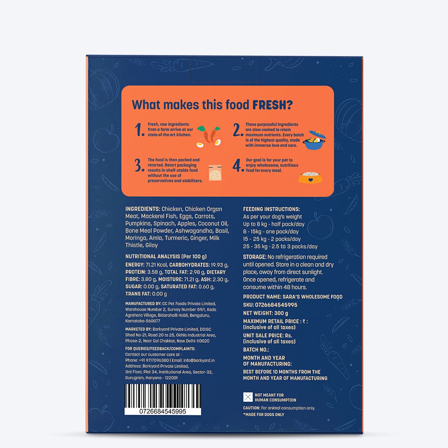 Sara's Wholesome Grain-Free Chicken & Veggies Dog Food, 300 gm, made with 60% meat and 40% fruits and veggies.