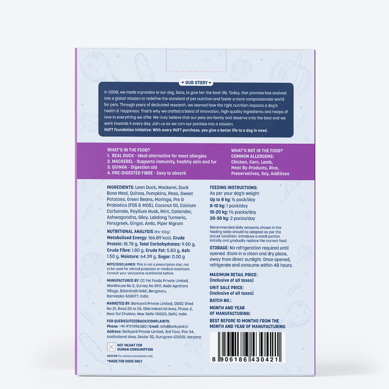Sara's Wholesome Hypoallergenic Diet Duck & Quinoa Dog Wet Food, 300 g, made with farm-fresh ingredients.
