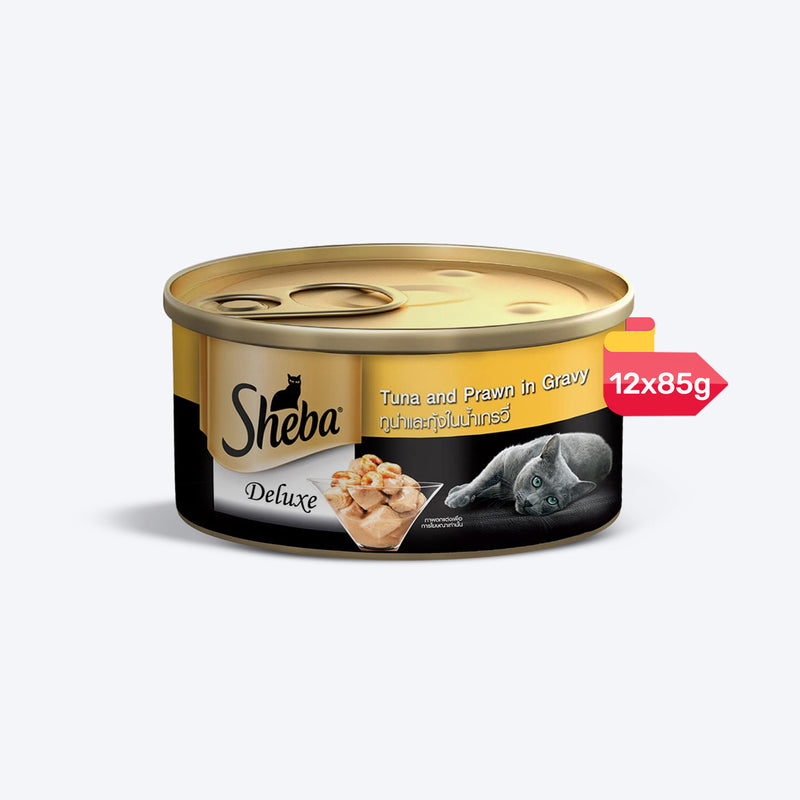 Sheba Tuna Fillets and Whole Prawns in Gravy Adult Wet Cat Food - 85 gm Packs - Heads Up For Tails