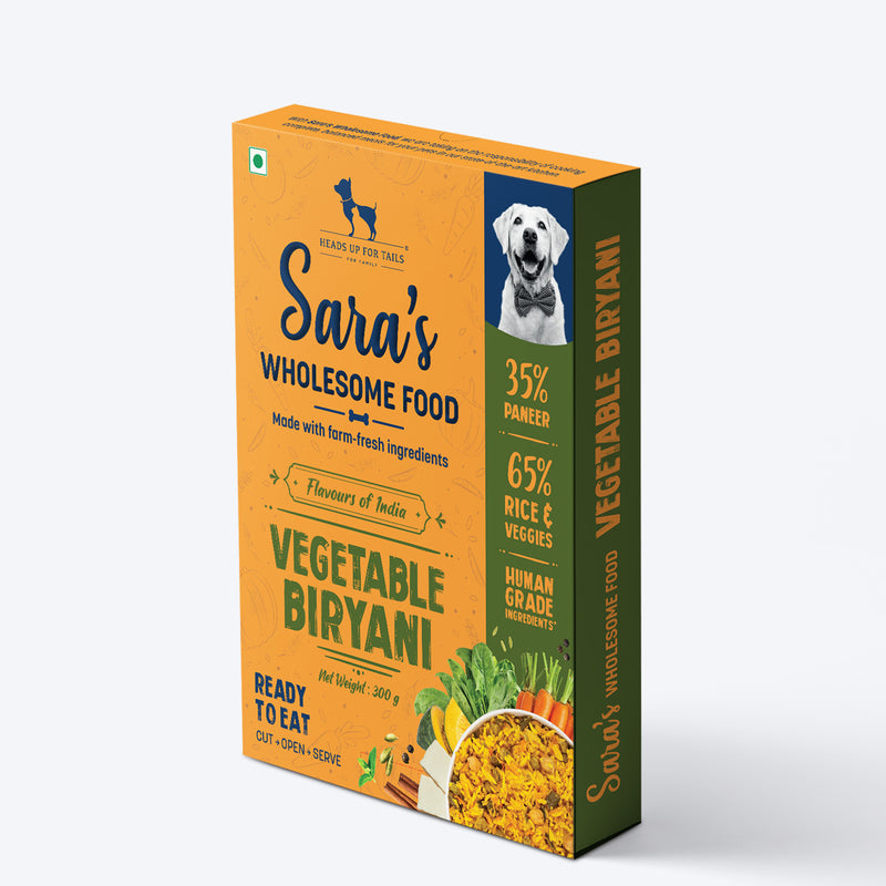 Sara's Wholesome Flavours Of India Vegetable Biryani Dog Wet Food, 300 gm, with 35% paneer and 65% rice & veggies.